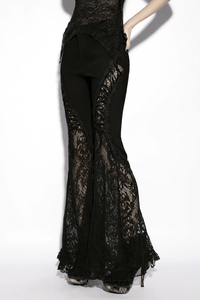 Black Gothic Lace Denim Flared Pants for Women