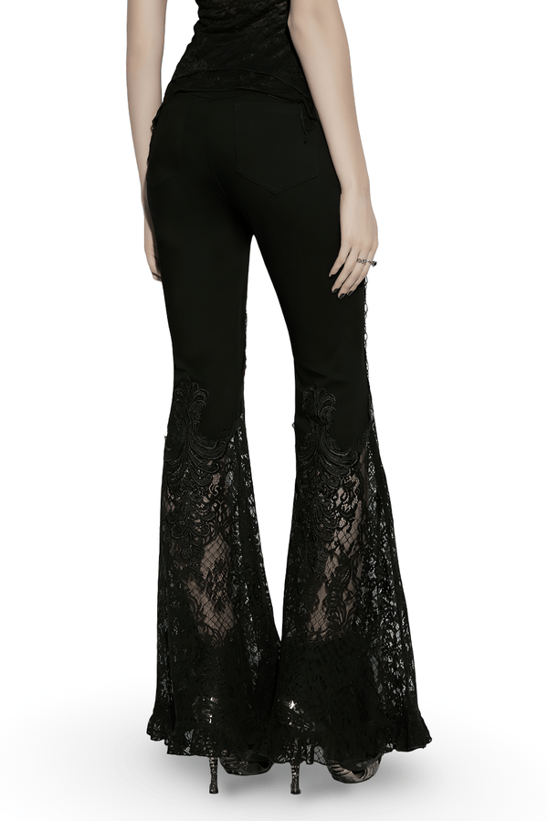 Black Gothic Lace Denim Flared Pants for Women