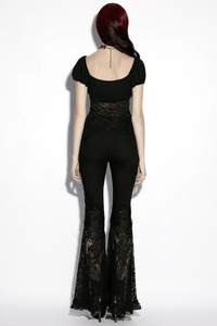 Black Gothic Lace Denim Flared Pants for Women