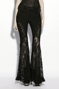 Black Gothic Lace Denim Flared Pants for Women
