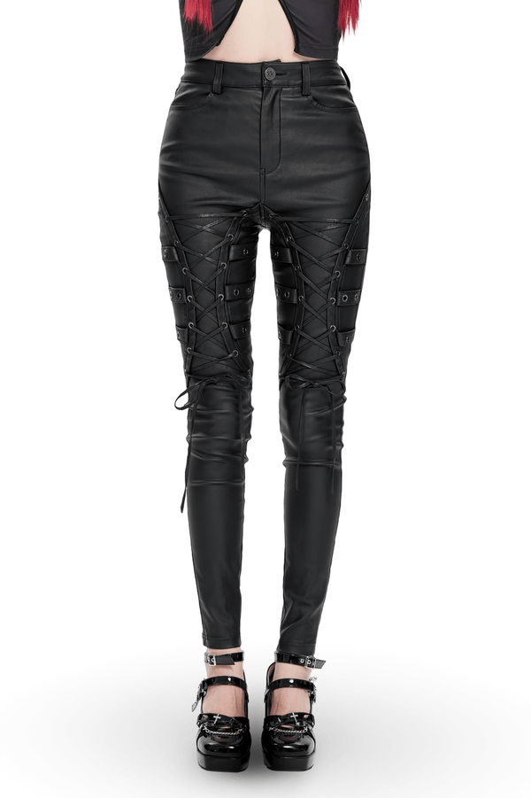 Black Faux Leather Lace Up Pants for Women – Gothic Punk Style