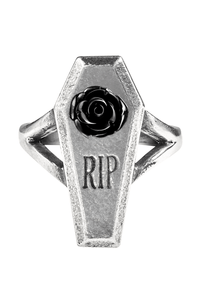 Pewter Gothic Coffin Ring with Black Rose & RIP Engraving