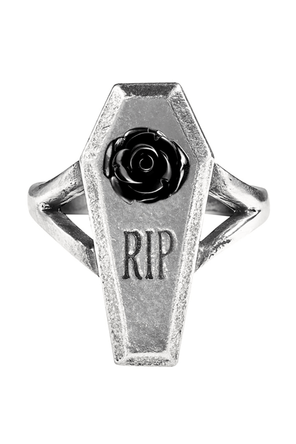 Pewter Gothic Coffin Ring with Black Rose & RIP Engraving