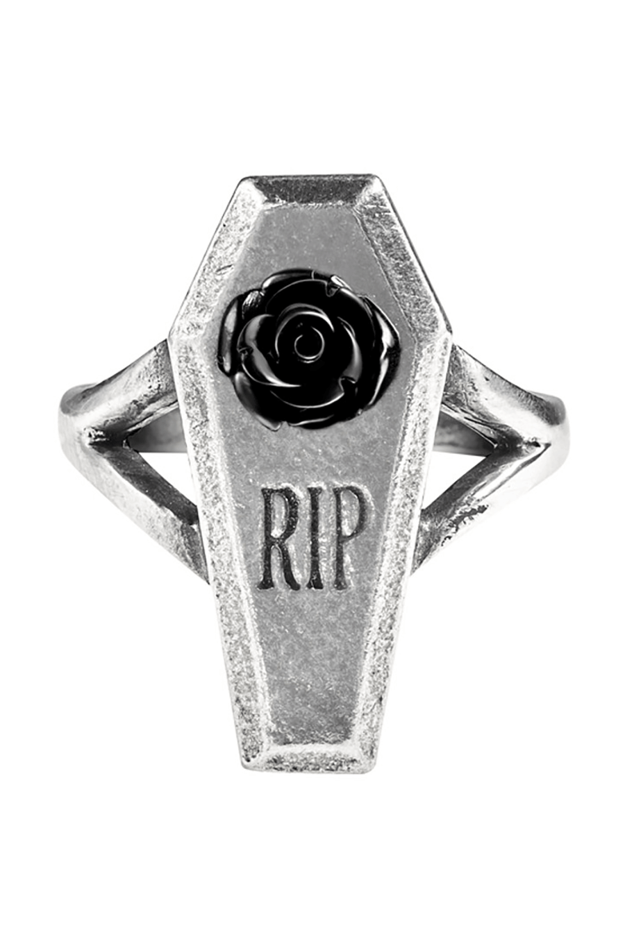 Pewter Gothic Coffin Ring with Black Rose & RIP Engraving