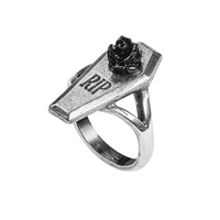 Pewter Gothic Coffin Ring with Black Rose & RIP Engraving
