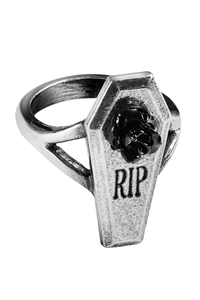 Pewter Gothic Coffin Ring with Black Rose & RIP Engraving