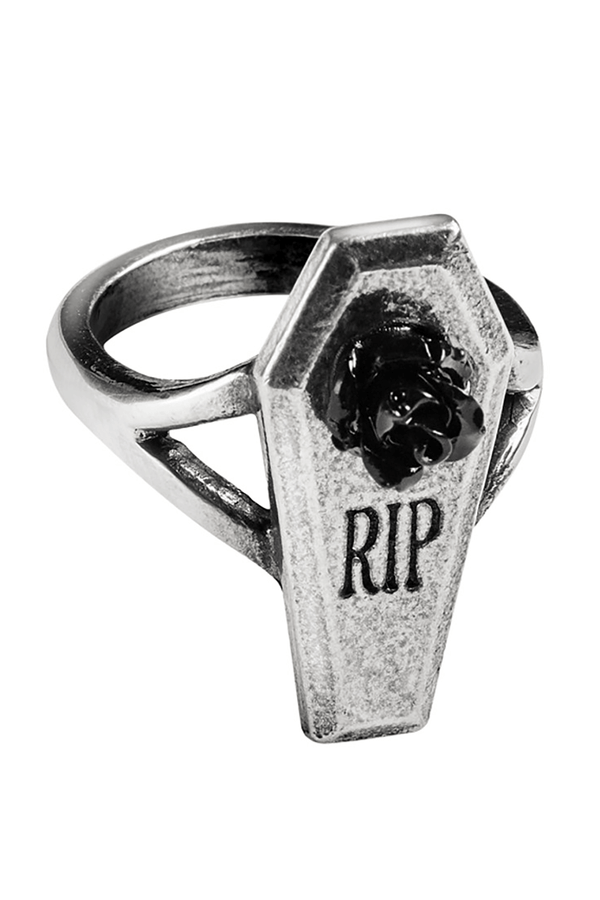 Pewter Gothic Coffin Ring with Black Rose & RIP Engraving