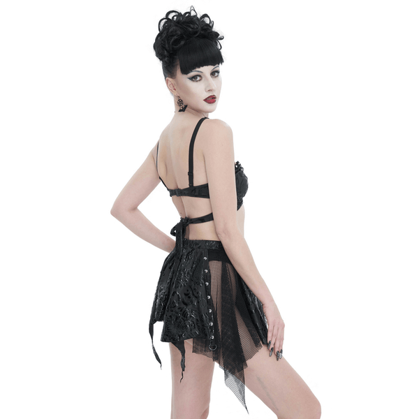 Gothic Floral Swimsuit with Studded Star Straps – Black