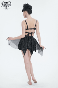 Gothic Floral Swimsuit with Studded Star Straps – Black