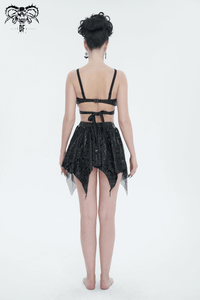 Gothic Floral Swimsuit with Studded Star Straps – Black