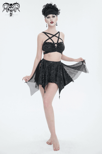 Gothic Floral Swimsuit with Studded Star Straps – Black