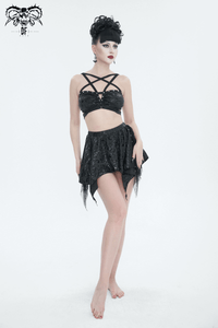 Gothic Floral Swimsuit with Studded Star Straps – Black