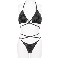 Black Gothic Pentagram Cross Strap Bikini Set for Women