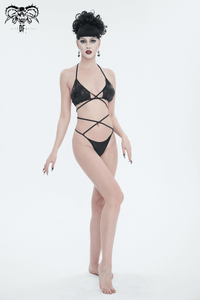 Black Gothic Pentagram Cross Strap Bikini Set for Women