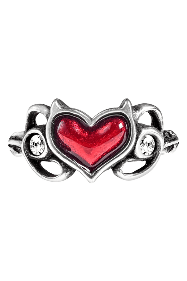 Gothic Red Enamel Heart Ring with Austrian Crystals