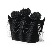 Black Velvet Gothic Rose Shoulder Bag with Pearl Chains