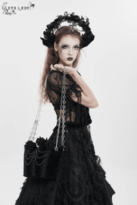 Black Velvet Gothic Rose Shoulder Bag with Pearl Chains