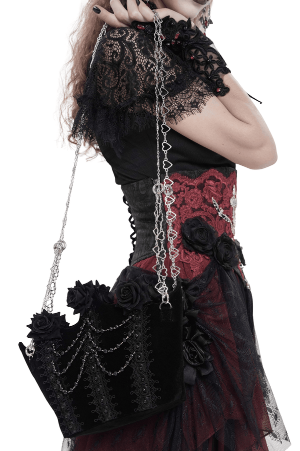 Black Velvet Gothic Rose Shoulder Bag with Pearl Chains