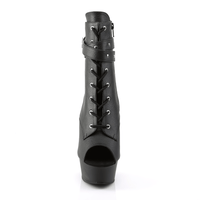 Black Vegan Leather Stiletto Ankle Boots with Lace-Up and Buckle Strap