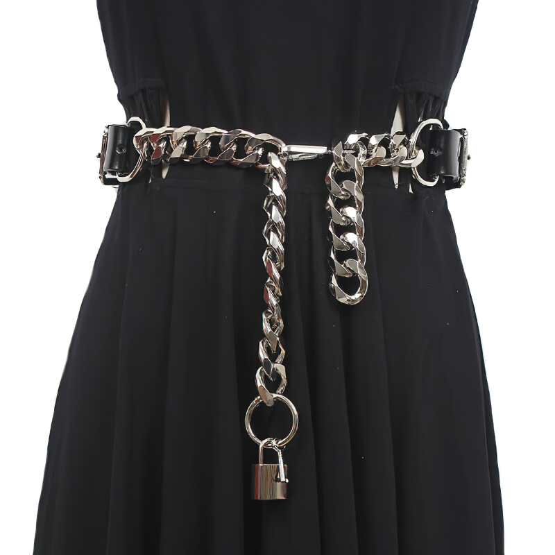 Women's Black PU Leather Metal Chain Belt – Adjustable Fashion Accessory
