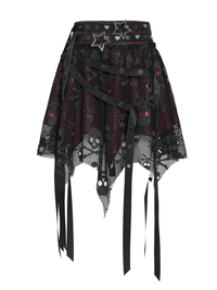 Black Wine Red Gothic Punk Asymmetric Skirt with Hardware Details