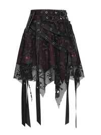 Black Wine Red Gothic Punk Asymmetric Skirt with Hardware Details