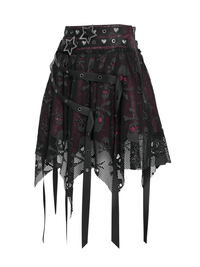 Black Wine Red Gothic Punk Asymmetric Skirt with Hardware Details