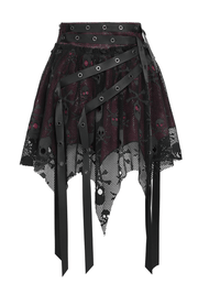 Black Wine Red Gothic Punk Asymmetric Skirt with Hardware Details