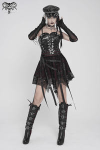 Black Wine Red Gothic Punk Asymmetric Skirt with Hardware Details