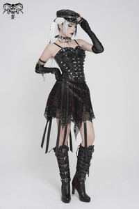 Black Wine Red Gothic Punk Asymmetric Skirt with Hardware Details