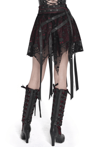 Black Wine Red Gothic Punk Asymmetric Skirt with Hardware Details