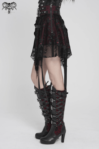Black Wine Red Gothic Punk Asymmetric Skirt with Hardware Details
