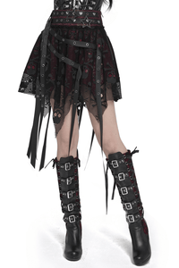 Black Wine Red Gothic Punk Asymmetric Skirt with Hardware Details