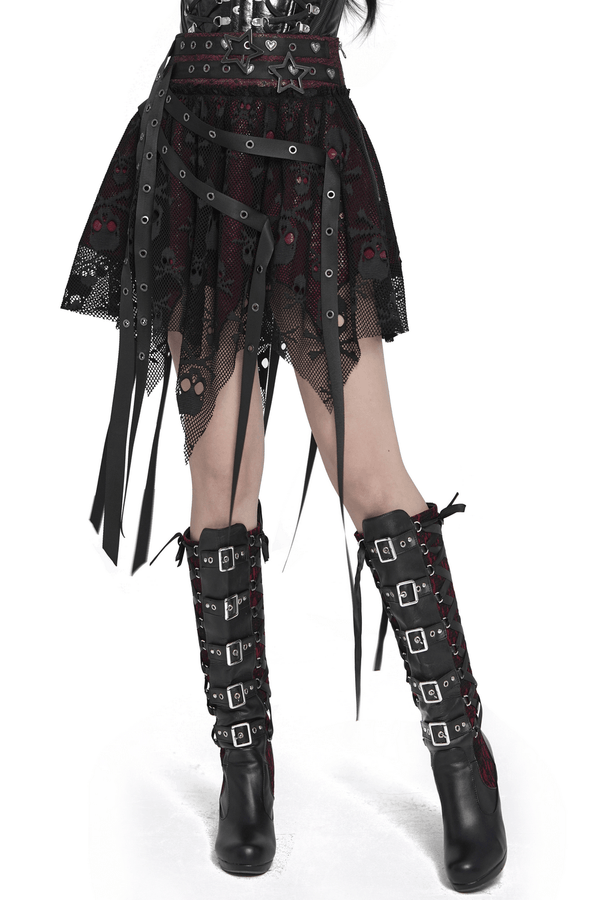 Black Wine Red Gothic Punk Asymmetric Skirt with Hardware Details