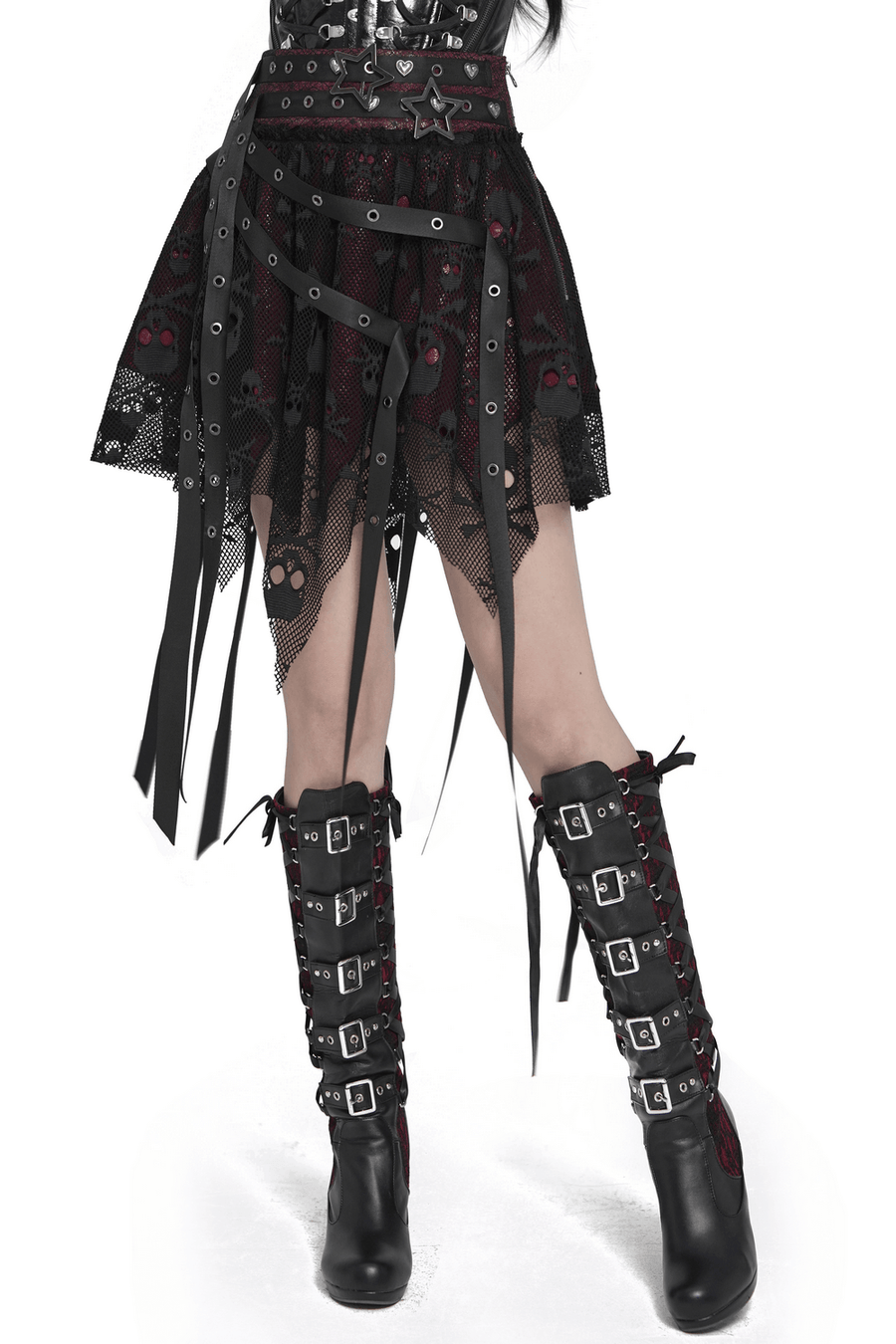 Black Wine Red Gothic Punk Asymmetric Skirt with Hardware Details