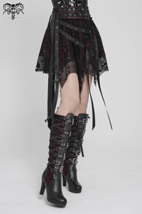 Black Wine Red Gothic Punk Asymmetric Skirt with Hardware Details