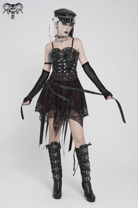 Black Wine Red Gothic Punk Asymmetric Skirt with Hardware Details