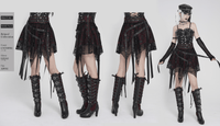 Black Wine Red Gothic Punk Asymmetric Skirt with Hardware Details
