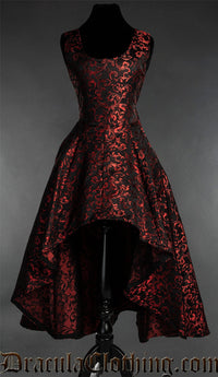 Black Brocade High-Low Dress with Ruby Red Details