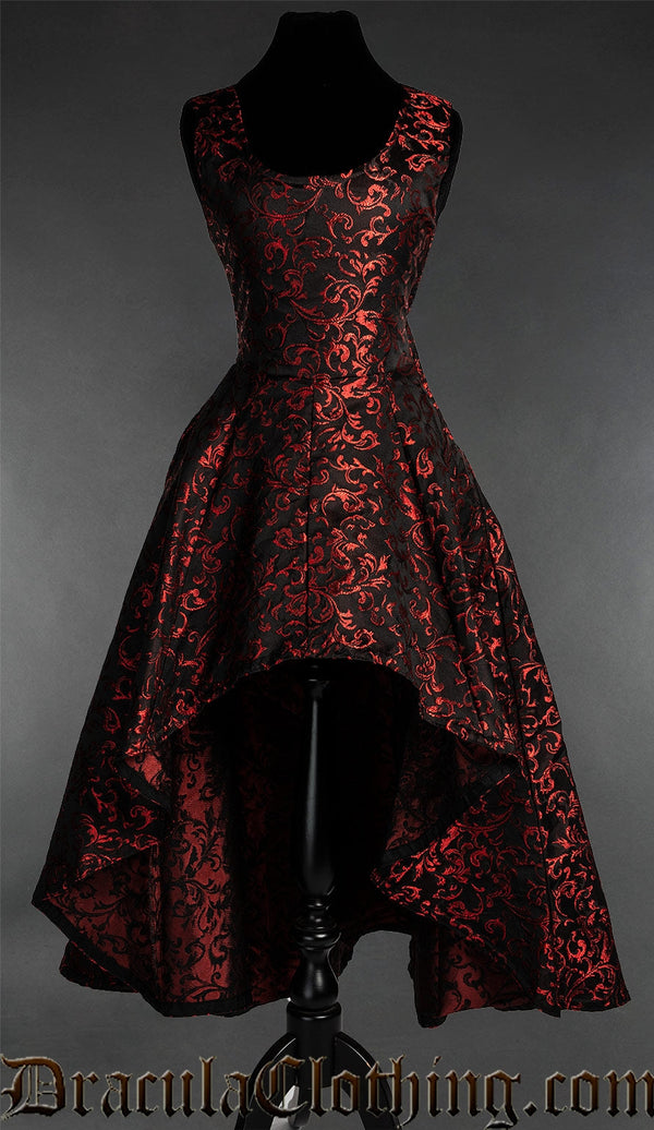 Black Brocade High-Low Dress with Ruby Red Details