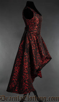 Black Brocade High-Low Dress with Ruby Red Details