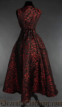 Black Brocade High-Low Dress with Ruby Red Details