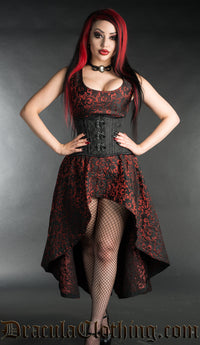 Black Brocade High-Low Dress with Ruby Red Details