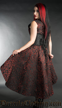 Black Brocade High-Low Dress with Ruby Red Details