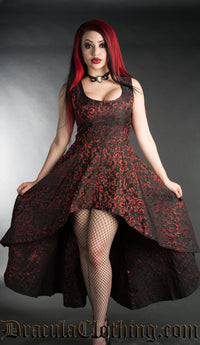 Black Brocade High-Low Dress with Ruby Red Details