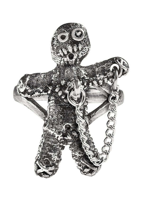 Pewter Gothic Voodoo Doll Ring with Safety Chain