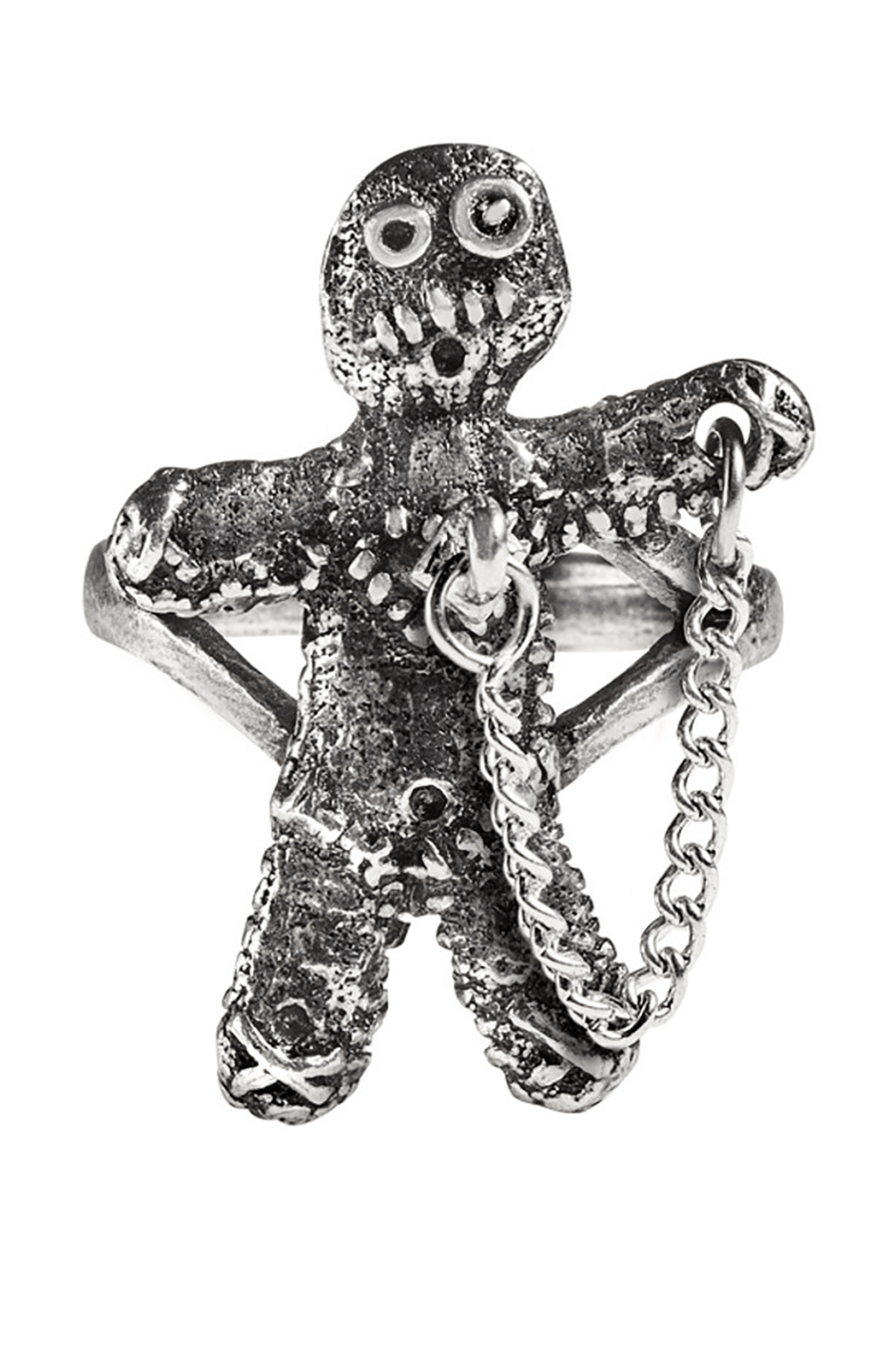 Pewter Gothic Voodoo Doll Ring with Safety Chain