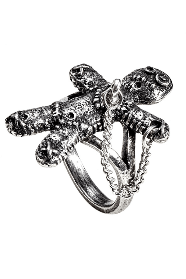 Pewter Gothic Voodoo Doll Ring with Safety Chain