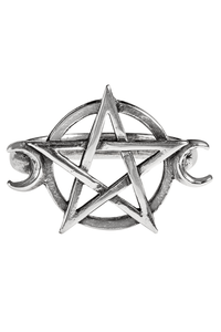 Pewter Pentagram Crescent Moon Ring – Gothic Unisex