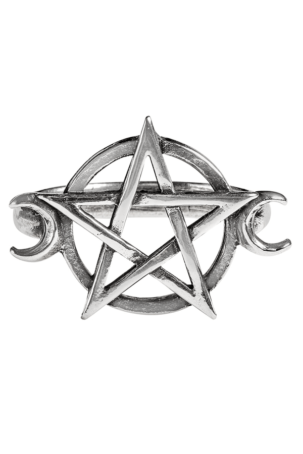 Pewter Pentagram Crescent Moon Ring – Gothic Unisex